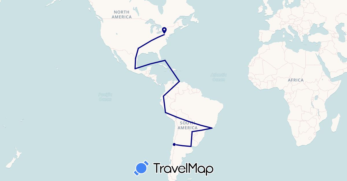 TravelMap itinerary: driving in Argentina, Brazil, Bahamas, Chile, Ecuador, Mexico, Peru, Paraguay, United States, Venezuela (North America, South America)